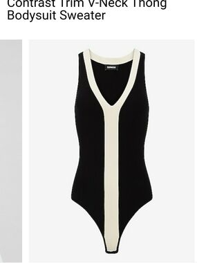 Express Black Ribbed V-Neck Thong Bodysuit with Cream Contrast Trim